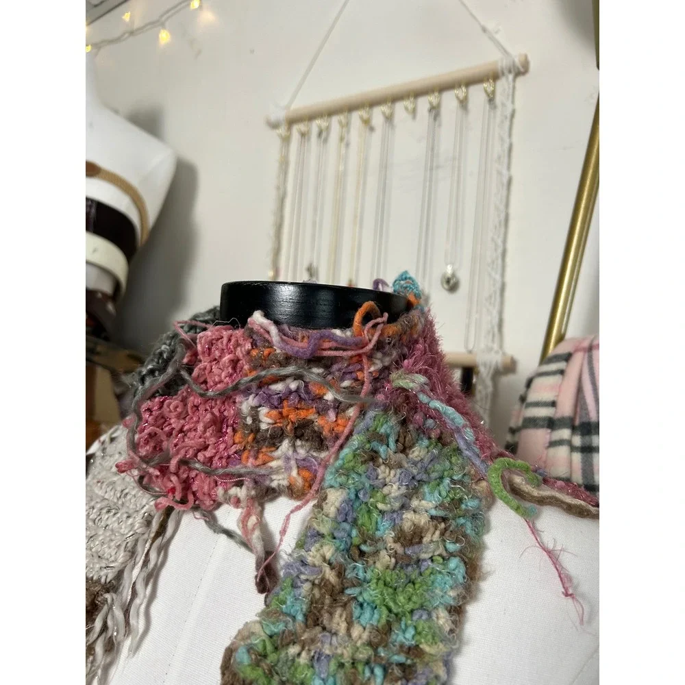 Y2K Mudd‎ Womens Chunky Knit Patchwork Scarf Multi Color Boho Fringed Texture